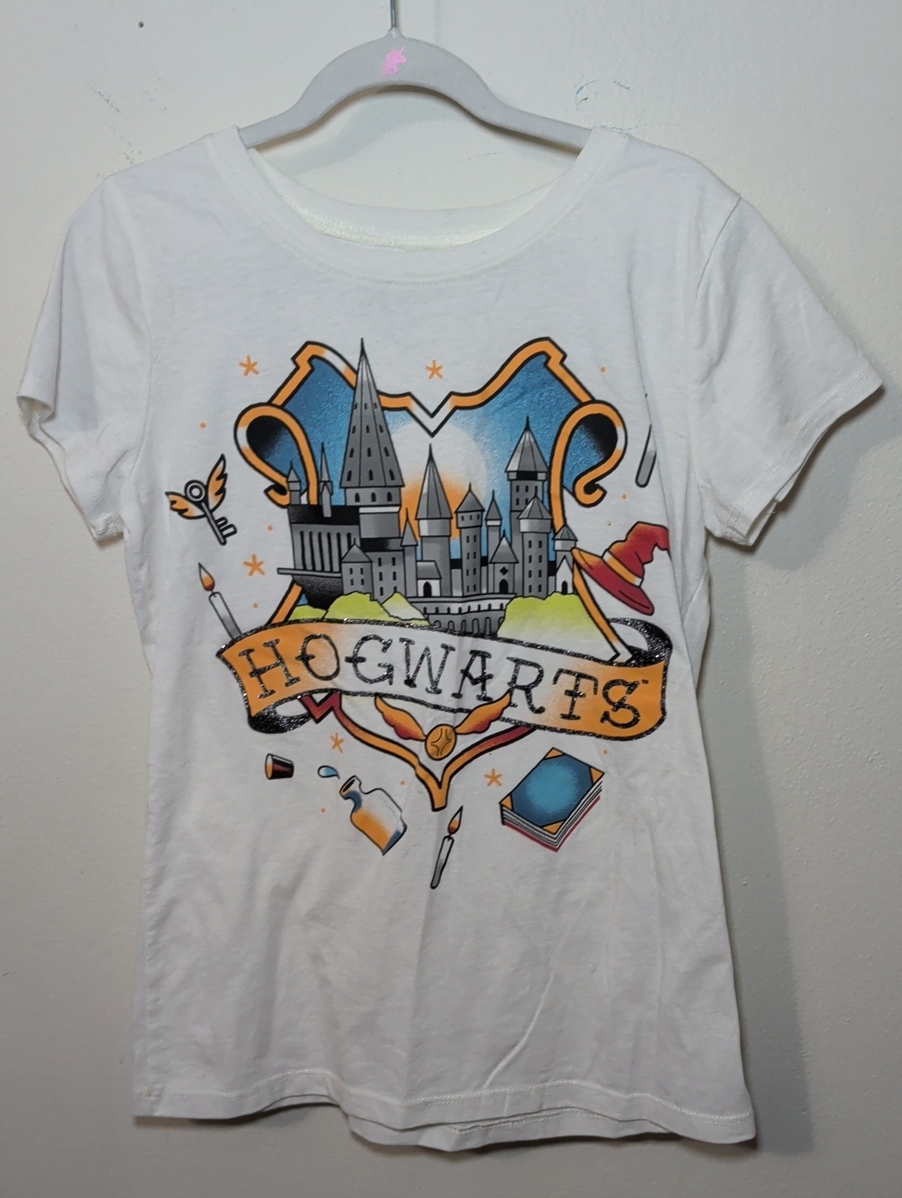Wizarding World of Harry Potter Hogwarts Graphic T-Shirt White Girl Size L 10-12